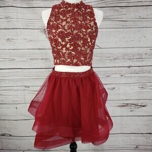 Jodi Kristopher 2 Pieces Maroon Tulle Lace Top Prom Dress Size 7
